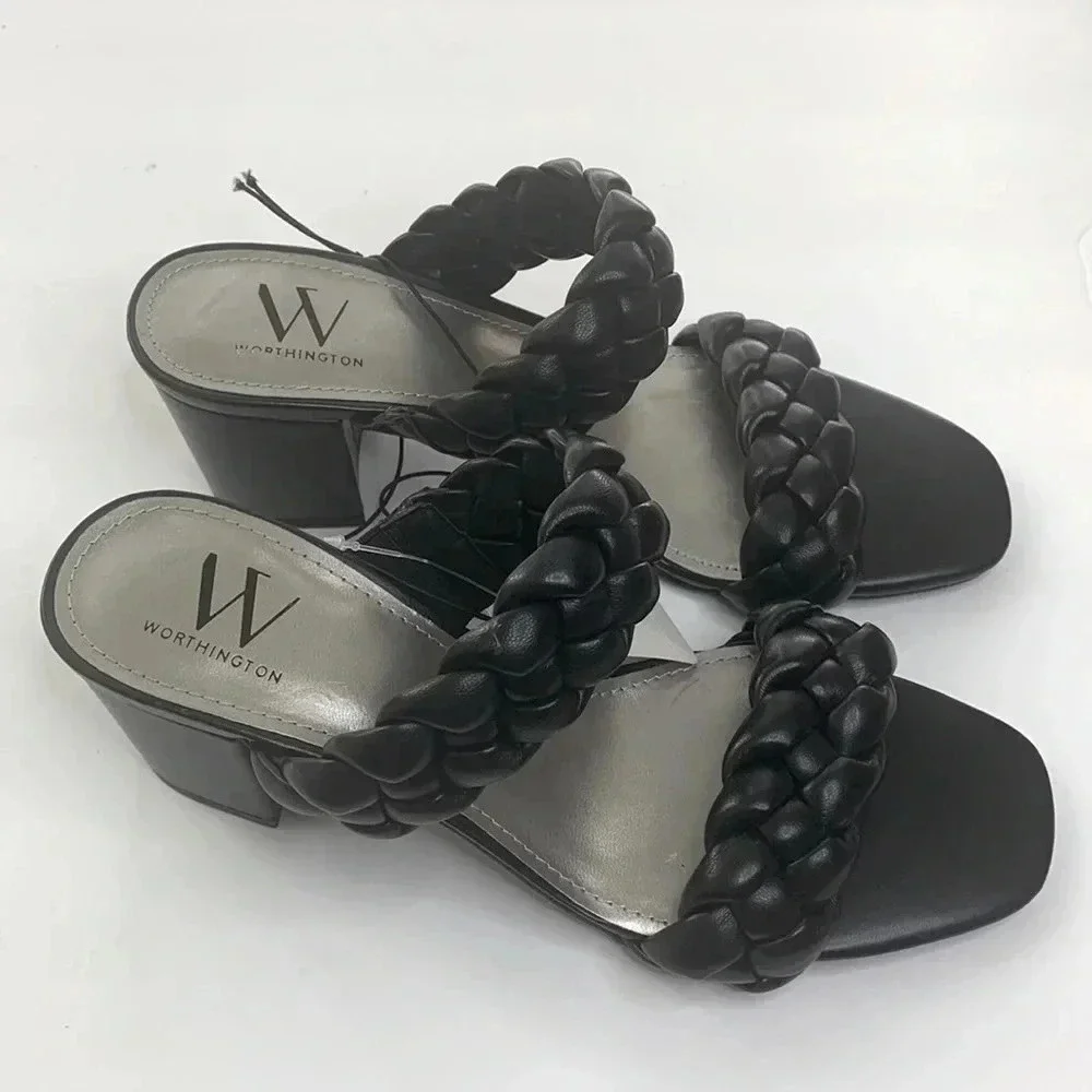 Worthington Braided Strap Mules Sandals Black Chunky Heel Women’s Sz 6.5 NWT